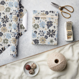 Papier Cadeau Motif Fleurs Bleues Rétro