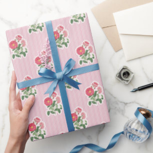 Papier Cadeau Motif Fleurs de Roses Sauvages Vintage Rayures Ros