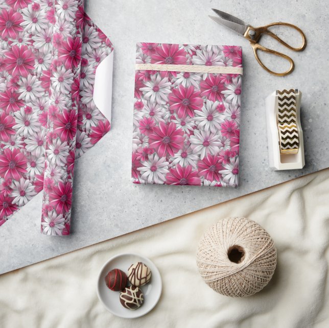 Papier Cadeau Motif floral 3D avec floraison rose et blanche (Artisanat)