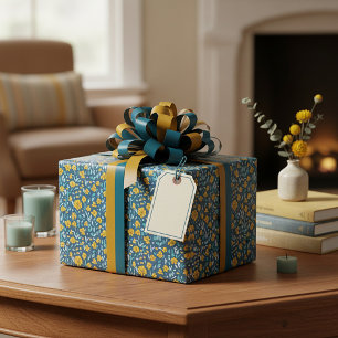 Papier Cadeau Motif floral à l'aquarelle or et bleu