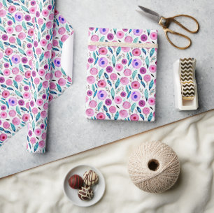 Papier Cadeau Motif floral aquarelle rose et violet