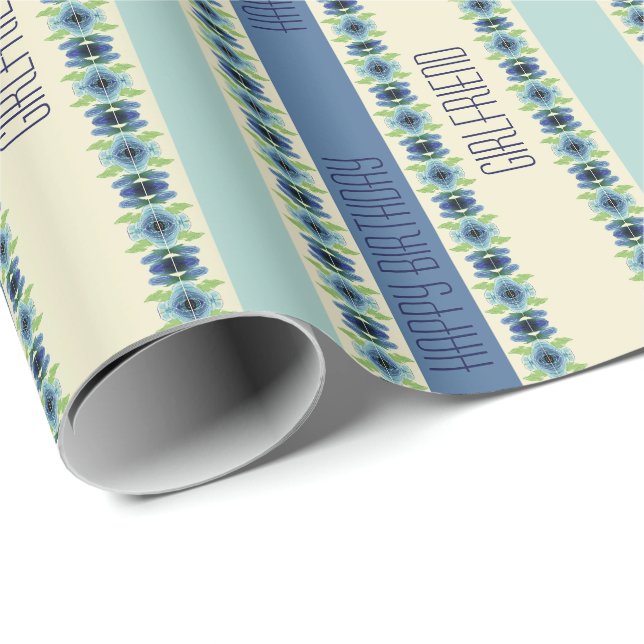 Papier Cadeau Motif Floral Artsy En Bleu (Coin rond)