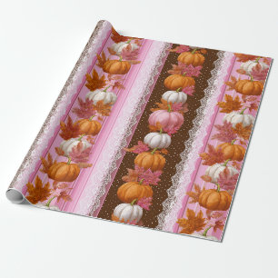 Papier Cadeau Motif floral automnal citrouille orange rose