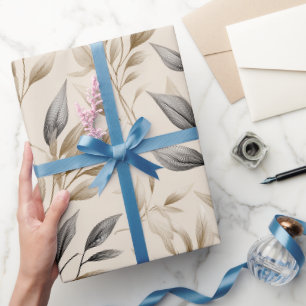 Papier Cadeau Motif floral beige feuille d'olive botanique