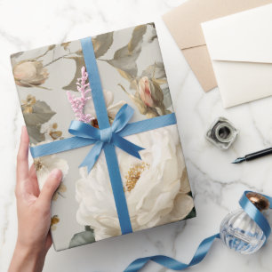 Papier Cadeau Motif floral beige rose blanche douce