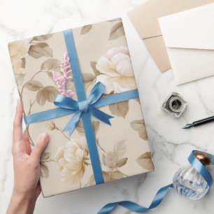 Papier Cadeau Motif floral beige rose crème romantique