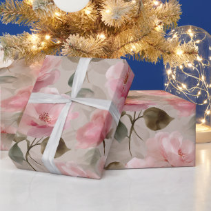 Papier Cadeau Motif floral beige rose rose tendre aquarelle