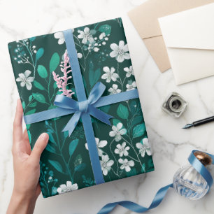 Papier Cadeau Motif floral blanc à feuille émeraude élégant