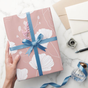 Papier Cadeau Motif floral blanc à fleurs roses pâles minimal