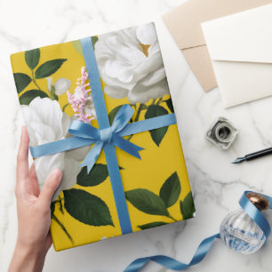 Papier Cadeau Motif floral blanc à rose jaune classique