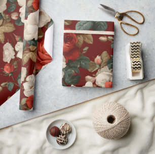 Papier Cadeau Motif floral blanc à rose rouge classique