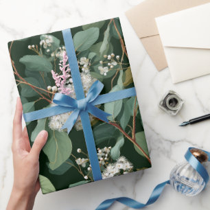 Papier Cadeau Motif floral blanc eucalyptus vert botanique