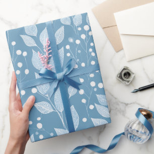 Papier Cadeau Motif floral blanc feuille bleu doux scandinave