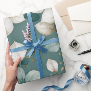 Papier Cadeau Motif floral blanc feuille émeraude élégant