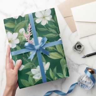 Papier Cadeau Motif floral blanc feuille verte aquarelle
