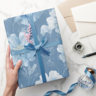 Papier Cadeau Motif floral blanc fleur bleu doux aquarelle