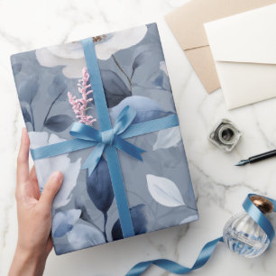 Papier Cadeau Motif floral blanc fleur bleu doux aquarelle