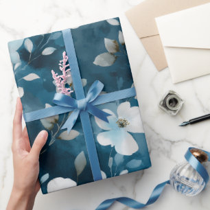Papier Cadeau Motif floral blanc Fleur Bleue Douce Aquarelle