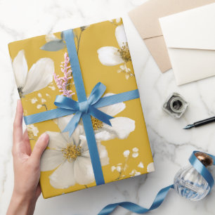 Papier Cadeau Motif floral blanc fleur jaune doux moderne