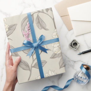 Papier Cadeau Motif floral blanc pivoine crème minimal