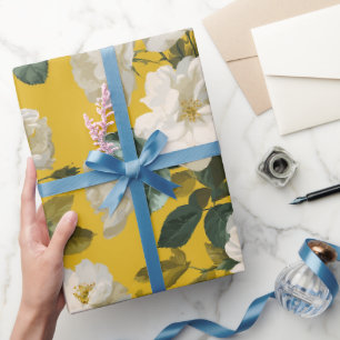 Papier Cadeau Motif floral blanc rose jaune classique