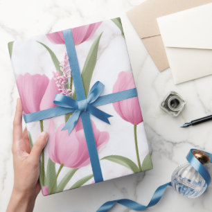 Papier Cadeau Motif floral blanc tulipe rose moderne