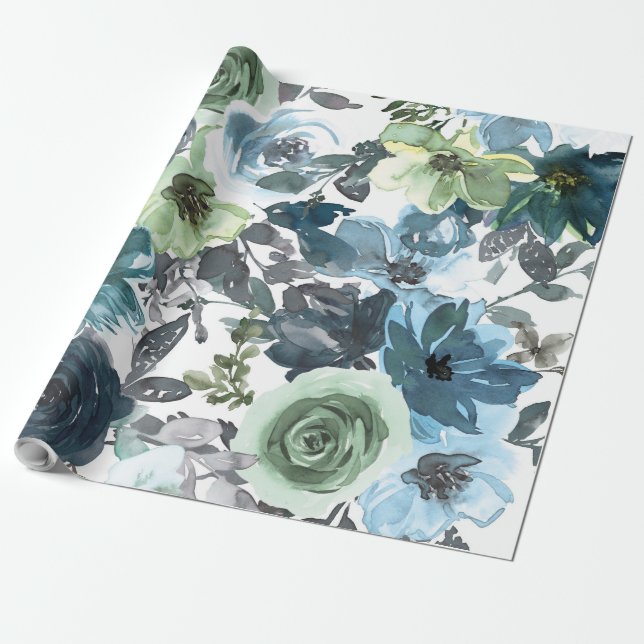 Papier Cadeau Motif floral bleu, Aquarelle artistique (Déroulé)
