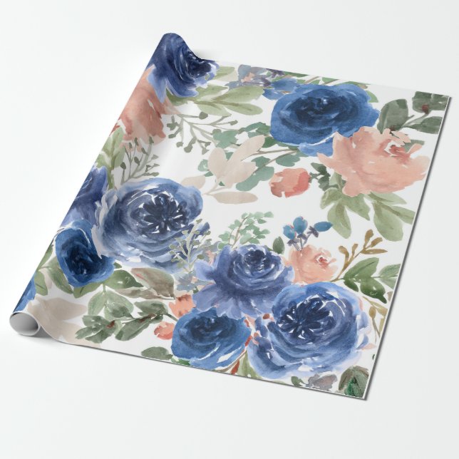 Papier Cadeau Motif floral bleu, Aquarelle artistique (Déroulé)