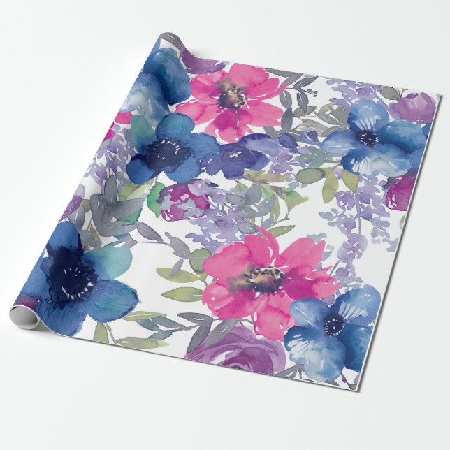 Papier Cadeau Motif floral bleu, aquarelle artistique (Déroulé)