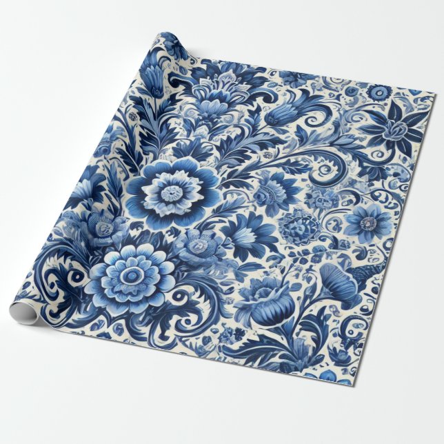 Papier Cadeau Motif floral bleu folk (Déroulé)