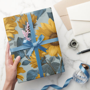 Papier Cadeau Motif floral bleu tournesol jaune vintage