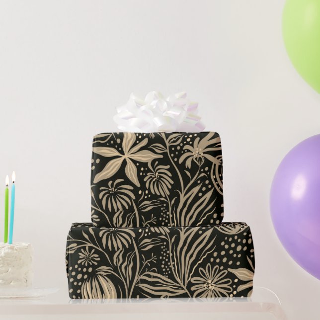 Papier Cadeau Motif floral brillant en or sur noir  (Cadeaux de fête)