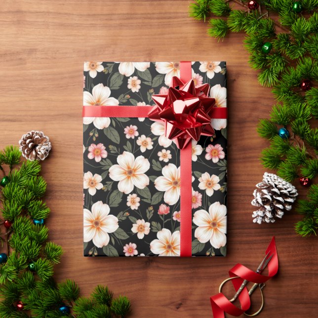 Papier Cadeau Motif floral clair sur noir (Cadeau de vacances)