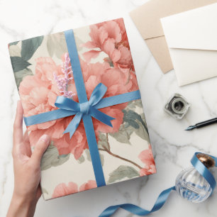 Papier Cadeau Motif floral crème de pivoine corail à l'aquarelle