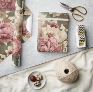 Papier Cadeau Motif floral crème de pivoine rose vintage
