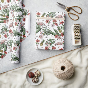 Papier Cadeau Motif floral de flamant rose tropical blanc