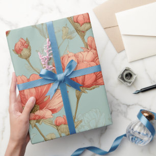 Papier Cadeau Motif floral de fleurs de corail dessinées à la ma