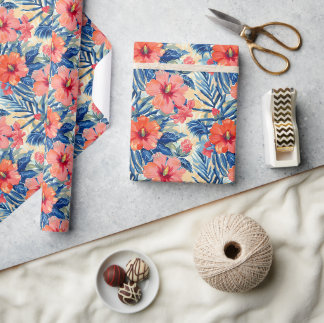 Papier Cadeau Motif floral de fleurs d'hibiscus d'été tropical