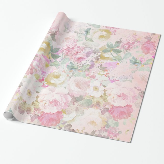 Papier Cadeau Motif floral de rétro aquarelle blanche rose chic (Déroulé)