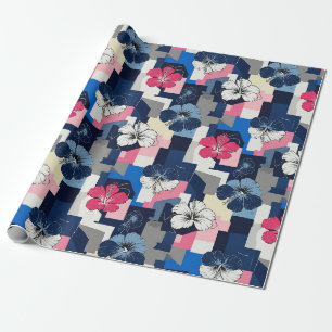 Papier Cadeau Motif floral d'hibiscus bleu élégant (4)
