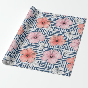 Papier Cadeau Motif floral d'hibiscus bleu élégant (6)