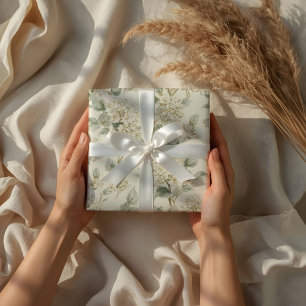 Papier Cadeau Motif floral d'hortensia blanc doux