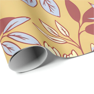 Papier Cadeau Motif floral élégant avec feuilles rouges et bleue