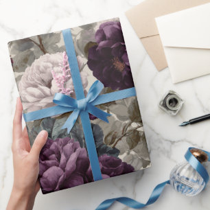 Papier Cadeau Motif floral élégant prune rose ivoire