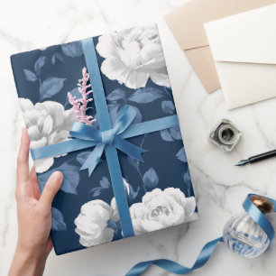 Papier Cadeau Motif floral élégant rose marine blanc