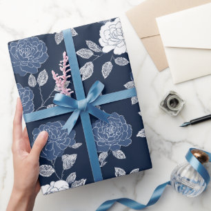 Papier Cadeau Motif floral élégant rose marine blanc