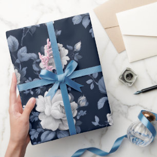 Papier Cadeau Motif floral élégant rose marine blanc