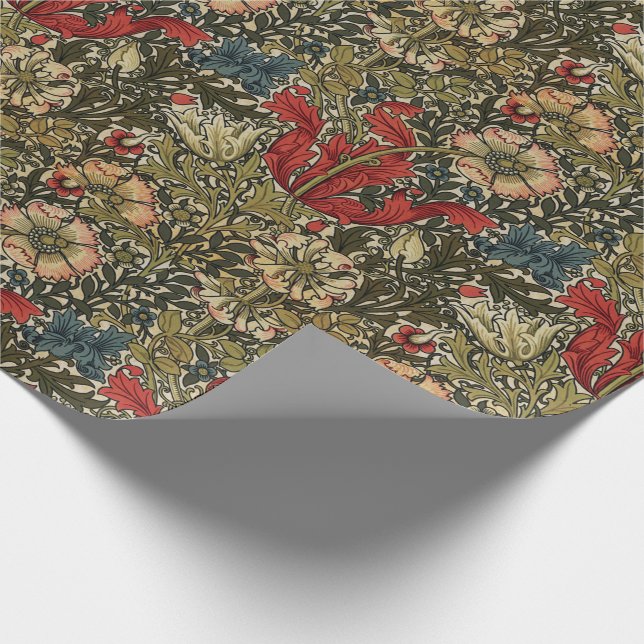 Papier Cadeau Motif floral élégant William Morris rouge vert (Coin)