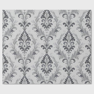 Papier Cadeau Motif floral en damas baroque gris argent