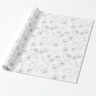 Papier Cadeau Motif floral et oiseau fantaisiste sur fond blanc